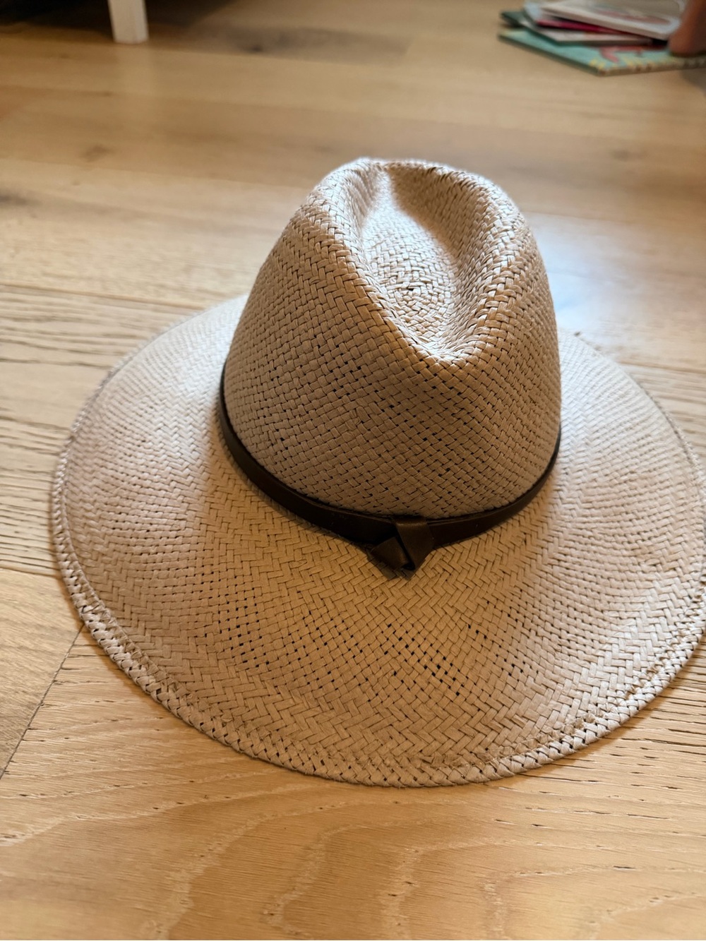 Janessa Leone Natural Straw Fedora with Brown Band